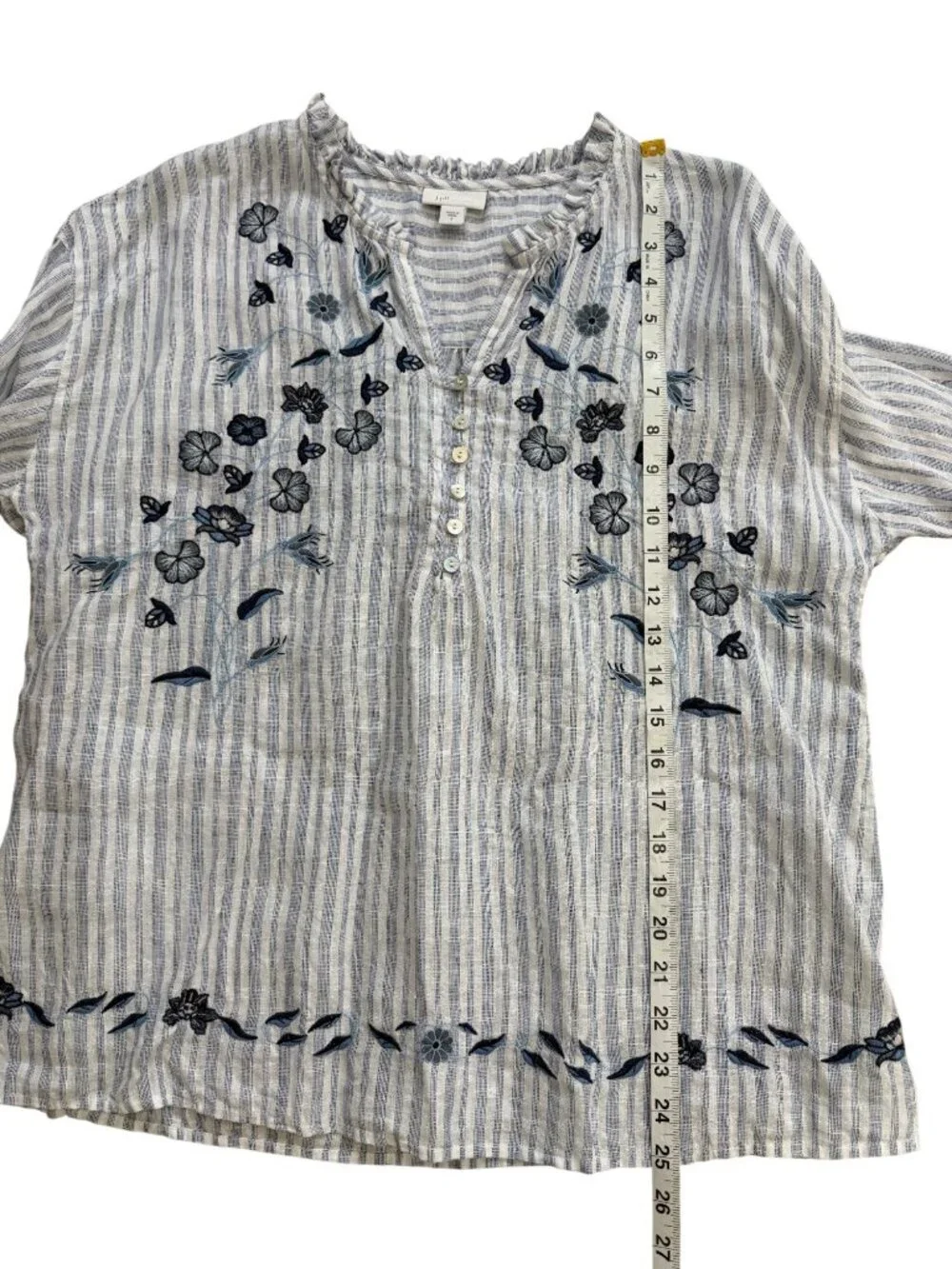J. Jill Love Linen Womens Size S Linen Top Embroidered Tunic Blue White Stripe - Picture 6 of 8